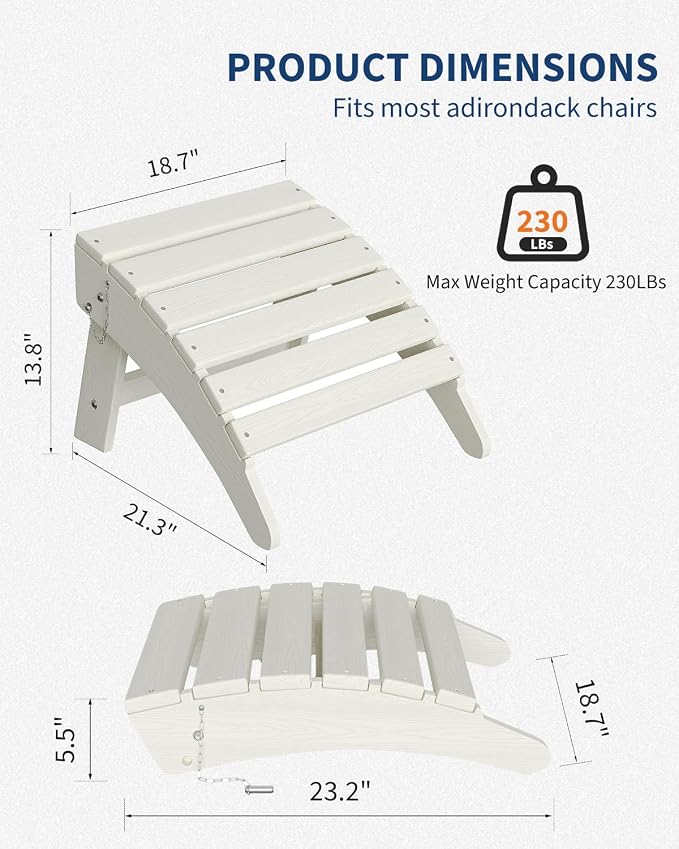 GarveeLife Folding Adirondack Ottoman for Adirondack Chair, HDPE All-Weather Footrest for in/Outdoor Patio Deck Backyard, White