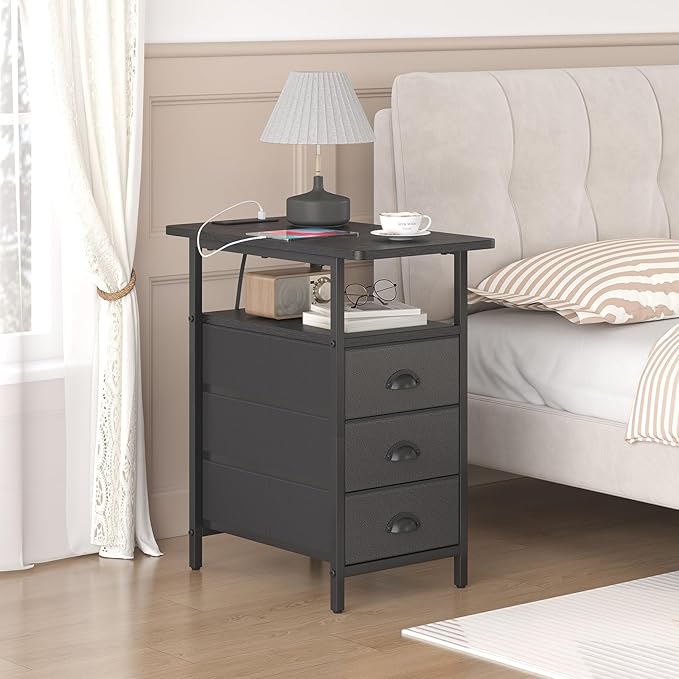 sthmec End Table with Charging Station, Side Tables Livingroom with USB Ports and Outlets,Narrow Nightstands Bedside Tables with 3 Drawers PU Finish for Small Space,Slim Sofa Table Bedroom,Black