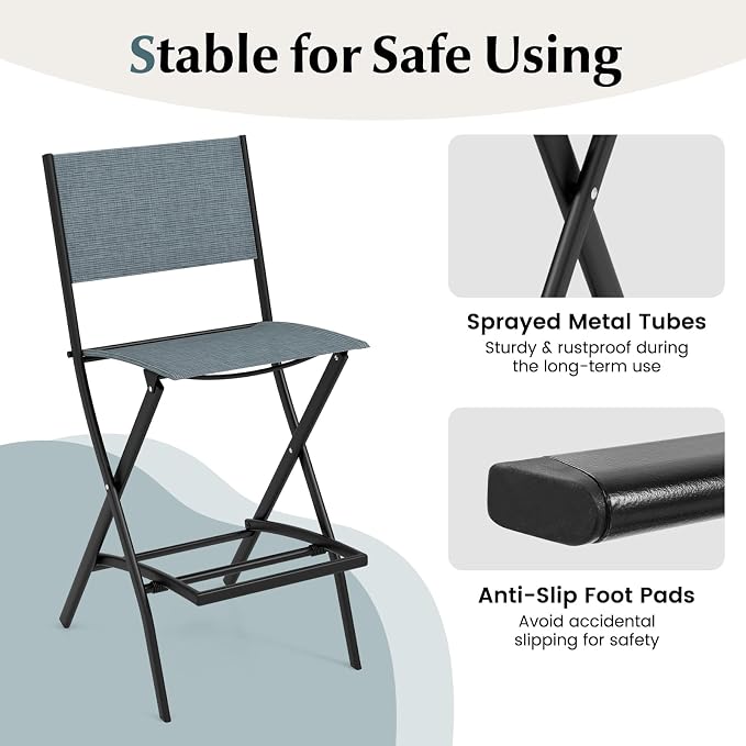 COSTWAY Outdoor Patio Bar Chair Set of 6, Folding Counter Height Stool with Metal Frame & Footrest, Patio Bar Stool for Balcony, Garden & Poolside (6, Blue)