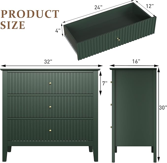 RoyalCraft 32" Large Nightstand Set of 2, Fluted Painted Bedside Table with 3 Spacious Drawers, Modern Tall End Table for Bedroom, Dark Green