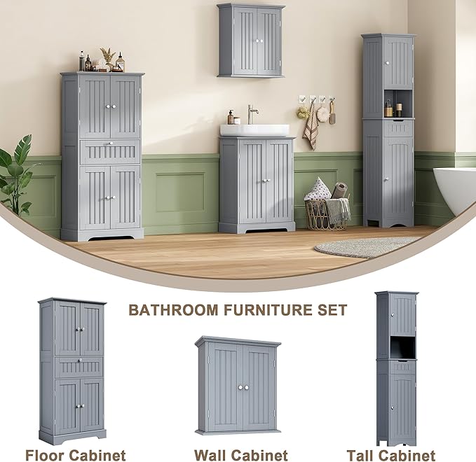 ChooChoo 51" H Tall Bathroom Floor Cabinet, Modern Bathroom Storage Cabinet with Drawer and Adjustable Shelves, Freestanding Kitchen Pantry Cupboard with 4 Doors for Living Room, Grey