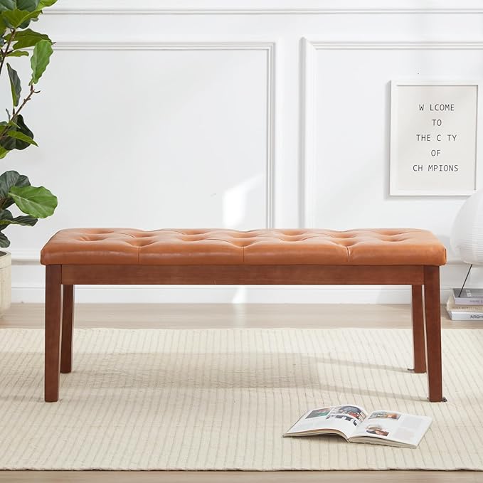 Ottoman Bench Upholstered Padded Seat with Solid Wood Legs and Button-Tufted, Faux Leather Cognac Brown