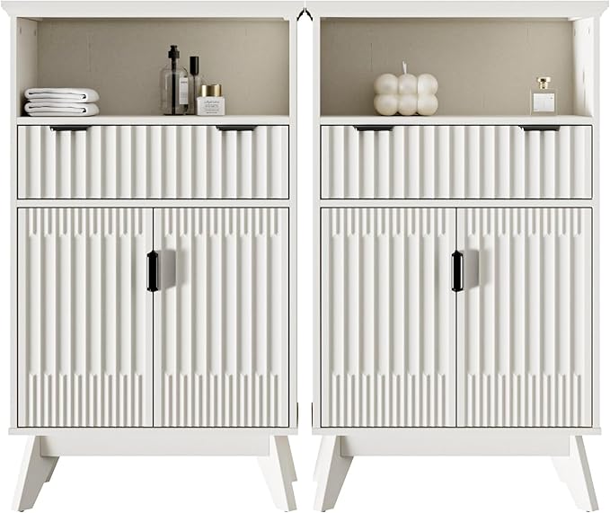 Fatmok Buffet Cabinet with Storage Set of 2, 40" Modern Fluted Coffee Bar Cabinet with Drawer & Open Shelf, Wood Buffet Sideboard Console Table for Entryway, Kitchen, Living Room (White)
