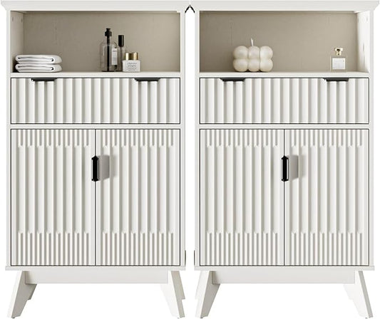 Fatmok Buffet Cabinet with Storage Set of 2, 40" Modern Fluted Coffee Bar Cabinet with Drawer & Open Shelf, Wood Buffet Sideboard Console Table for Entryway, Kitchen, Living Room (White)