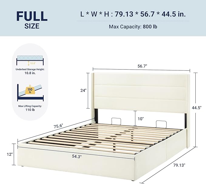 Allewie Full Size Lift Up Storage Bed, Chenille Fabric Upholstered, Modern Wingback Headboard, Hydraulic Support, No Box Spring Needed, Cream White