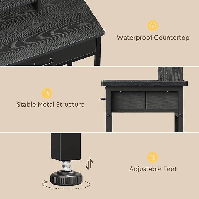 YeTom Makeup Vanity Desk with Mirror and Lights, Small Vanity with Fabric Storage Drawer & Shelves & Side Table, Black Compact Makeup Vanity for Bedroom