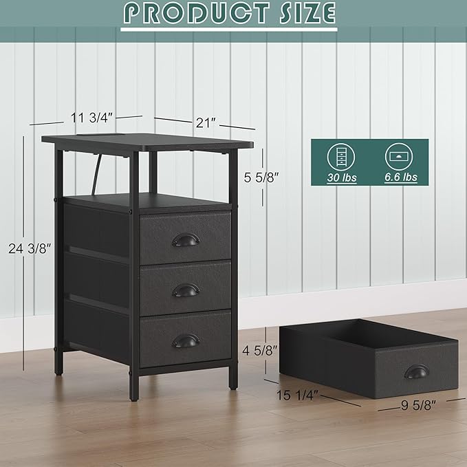 sthmec End Table with Charging Station, Side Tables Livingroom with USB Ports and Outlets,Narrow Nightstands Bedside Tables with 3 Drawers PU Finish for Small Space,Slim Sofa Table Bedroom,Black