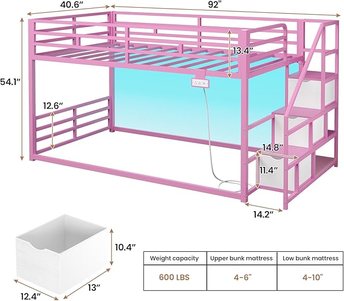 ADORNEVE Low Bunk Bed Twin Over Twin with Storage Stairs, Drawers & Shelves, RGB LED Lights Metal Floor Bunk with Power Outlet, Full-Length Guardrail & Metal Slats, for Small Space, Kids, Pink