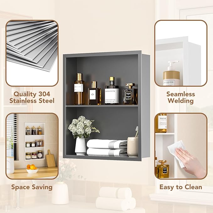 14x18 Recessed Medicine Cabinet, Bathroom Wall Cabinet, 304 Stainless Steel Recessed Wall Niche with 2-Tiers Shelves, Matte Gray