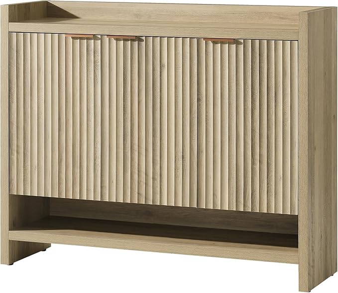 OAKHAM HOME Fluted Shoe Cabinet, 41" Tall 3-Door Entryway Storage Organizer with 3 Tier Adjustable Shelves, Modern Wood Shoe Rack for Hallway Mudroom Entrance Front Door (Sunwashed Ash Oak)