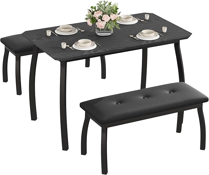 Dining Table for 4, 3-Piece Kitchen Table Set for 4 with Wooden Tabletop and Metal Frame, Industrial Kitchen Table with 2 PU Leather Benches for Bar, Dining Room, Restaurant(43''x28''x30''), Black