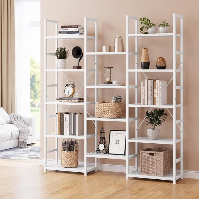 NUMENN Triple Column 5 Tier Bookshelf, Bookcase with 14 Open Display Shelves, Adjustable Rustic Industrial Style Book Shelves, Modern Bookshelves for Bedroom, Living Room and Home Office, White
