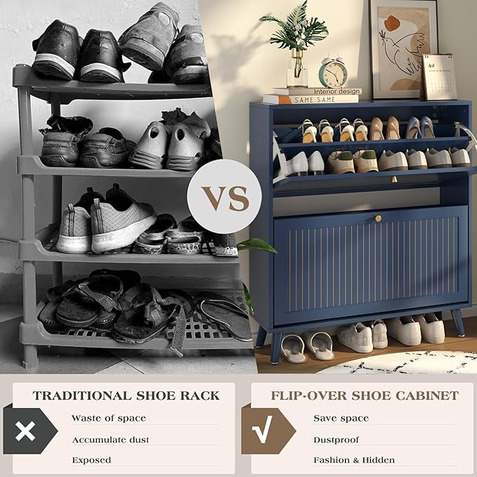 Fsbecl Shoe Storage Cabinet for Entryway with 2 Flip Drawers, Narrow Wood Shoe Cabinet with Fluted Panel, Freestanding Hidden Shoe Organizer for Foyer, Hallway (Blue - with Shelf)