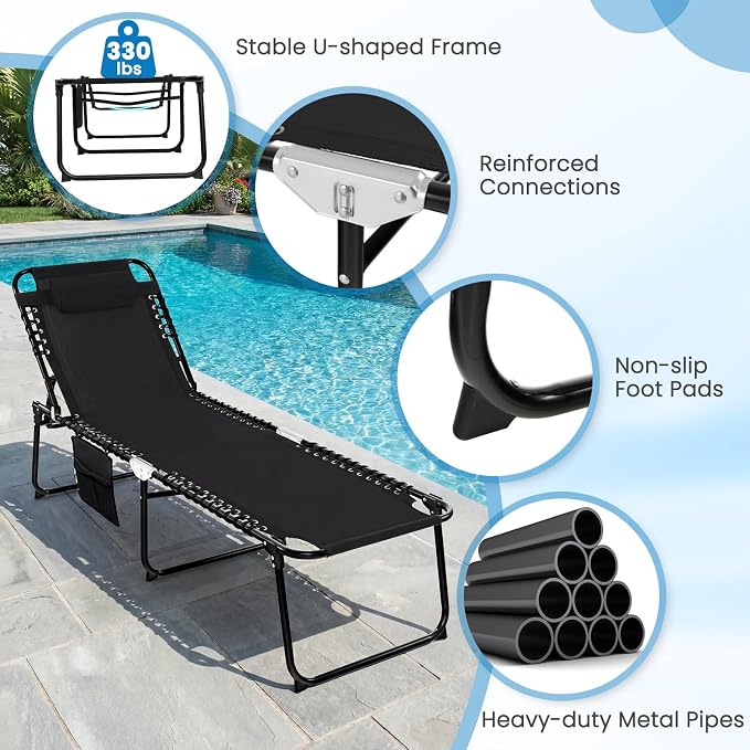 GYMAX Lounge Chairs for Outside, Extra High Folding Beach Tanning Lounger with Adjustable Backrest, Footrest & Removable Pillow, Sunbath Lounge for Patio, Lawn, Poolside (2, Black with Side Pocket)