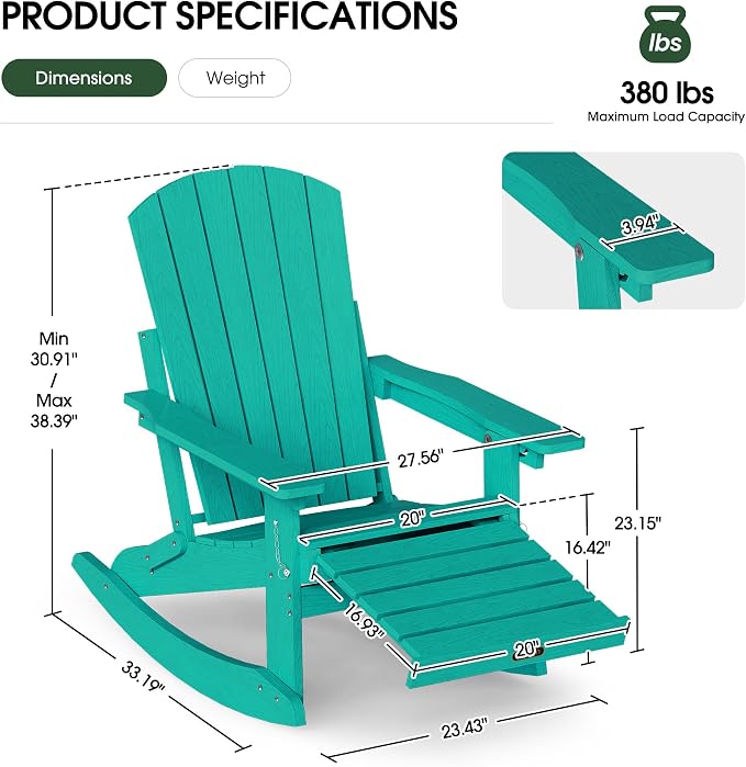 Adjustable Adirondack Rocking Chair with Retractable Ottoman Footrest, 4-in-1 Foldable HDPE Outdoor Rocker, Weather Resistant Adirondack Chair for Porch, Garden & Poolside, Lake Blue