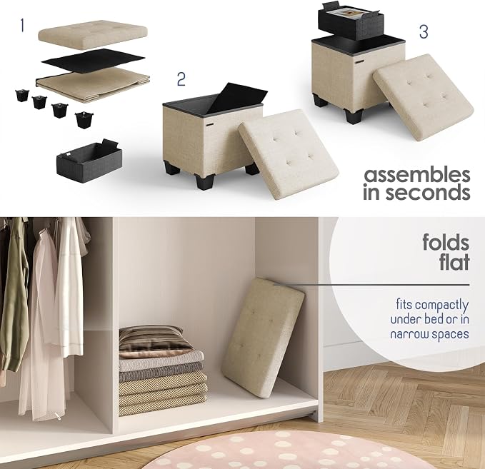Storage Ottoman Cube with Small Bin, 15-in Square Ottoman with Storage for Living Room and Bedroom, Small Ottomans Foot Rest, Fabric Foot Stools Ottomans Max 330lbs, Beige