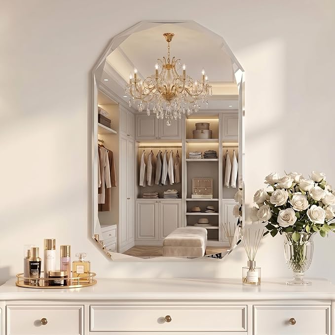 Suidia Bathroom Mirror, 30"x 48" Wall Mirror, Frameless Bathroom Mirror with Beveled Edge for Bedroom, Living Room, Entryway, Hallway, Arched Shape