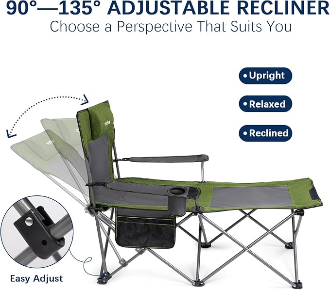 apollo walker Reclining Beach Chair, Adjustable 90-135° Backrest Camping Lounge Chairs for Adults, Folding Chair with Foot Rest & Detachable Pillow - Standard 6-Leg, Green