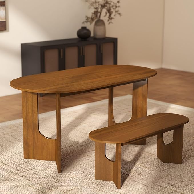 VESCASA 63" L Oval Dining Table with 47.25" L Benches Set, Walnut Wood Kitchen Table with Wooden Legs Bench, Kitchen Set for Dining Room, Restaurant, 1 Table with 2 Benches