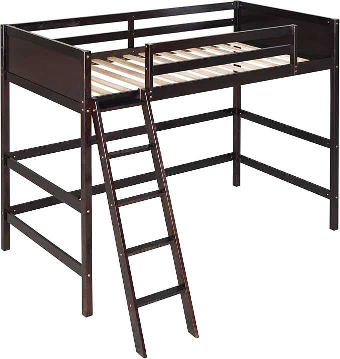 Merax Twin Modern Kids Wood Loft Bed with Gardrail and Ladders Loft Bunk Bed for Juniors, No Box Spring Needed, Espresso