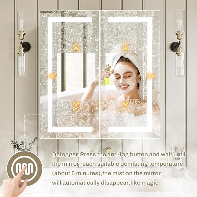 LED Medicine Cabinet,Bathroom Mirror Cabinet with Lights,30×32inch,Equip with Internal Light,Aluminum Construction,USB Shaver Socket,3 Color,Dimmer,Demister,Surface Mounted and Recess Mounted