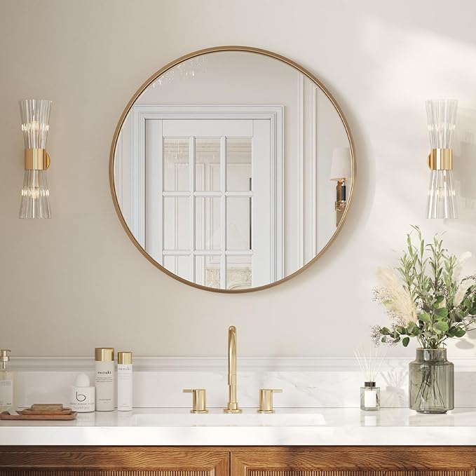 USHOWER Gold Bathroom Mirrors for Over Sink, 30 Inch Circle Mirror with Metal Frame, Wall Mirror for Vanity, Entryway, Living Room, Hallway and Bedroom Decor