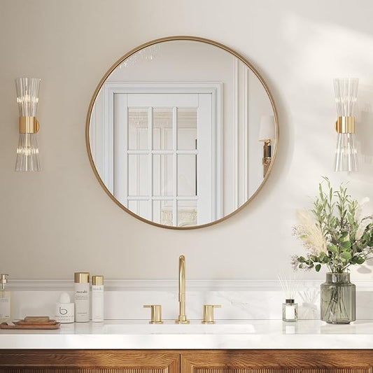 USHOWER Gold Bathroom Mirrors for Over Sink, 30 Inch Circle Mirror with Metal Frame, Wall Mirror for Vanity, Entryway, Living Room, Hallway and Bedroom Decor