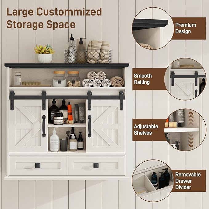 Vabches Bathroom Wall Cabinet, Farmhouse Medicine Cabinet with Double Sliding Barn Door and Storage Drawer, Wooden Vintage Storage Cabinet Wall Mounted for Bathroom, Kitchen, Rustic White and Black