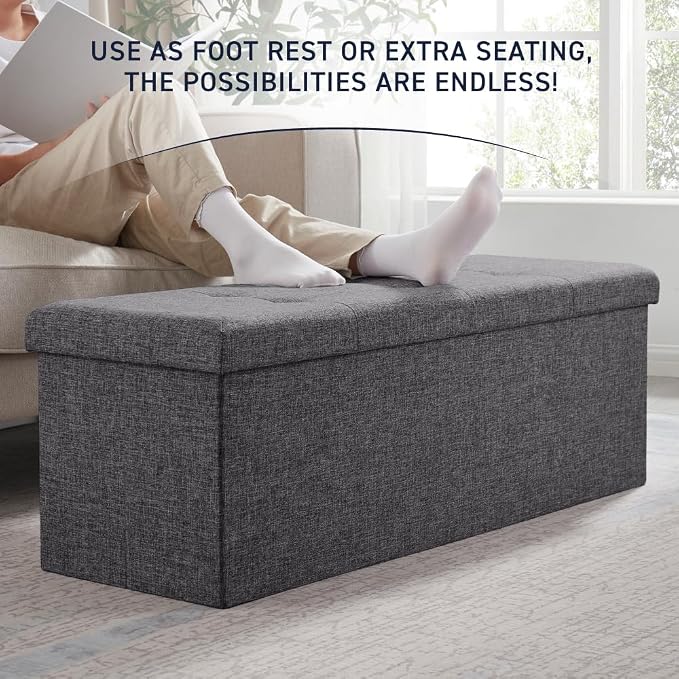 Ornavo Home Folding Storage Ottoman, 43 Inch Extra Large Storage Bench with Lid, Foot Rest Stool for Bedroom, Living Room, Entryway, Tufted Linen Upholstered - Dark Gray