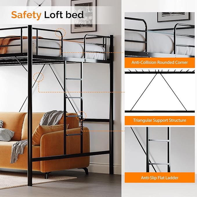 VINGLI Queen Loft Bed with Flat Rungs for Adults, Kids and Young Teens, No Box Spring Required,Heavy Duty Metal Slat Support, Black
