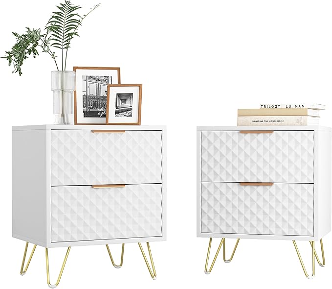 White Night Stand Set of 2, Modern Double Bedside Table with 2 Drawers Storage for Bedroom, Wood End Side Table with Gold Legs for Living Room