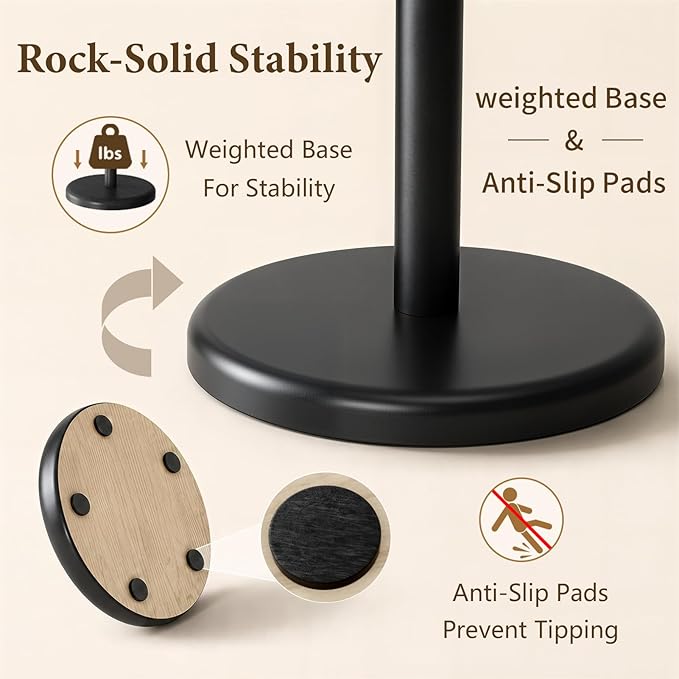 Solid Wood Freestanding Coat Rack with 6 Gold Metal Hooks, Heavy-Duty Freestanding Coat Stand for Coats, Hats, and Bags, Coat Racks for Bedroom, Entryway, and Living Room (Black)