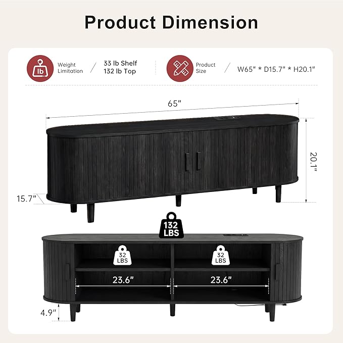 65" Mid Century Modern TV Stand, Wood TV Consoles with Sliding Doors and Power Outlet, Fluted Entertainment Center with Adjustable Shelves, Media Console for Living Room, Black