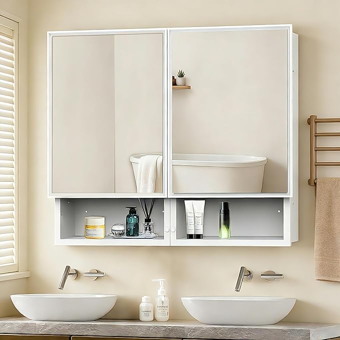 32x26 Inch Bathroom Medicine Cabinet with Mirror, Double Door Wall Mounted Storage with Extra Drawers, Bevel Edge Mirror, Adjustable Shelves, for Recessed or Surface Mount Installation