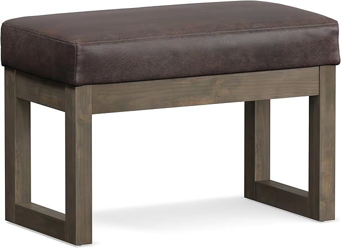 SIMPLIHOME Milltown Small Ottoman Bench - 27" Wide x 18" High Upholstered Vegan Leather Rectangle Footstool Ottoman in Distressed Brown, Contemporary Bench for Bedroom with Cushioned Seat, Assembled