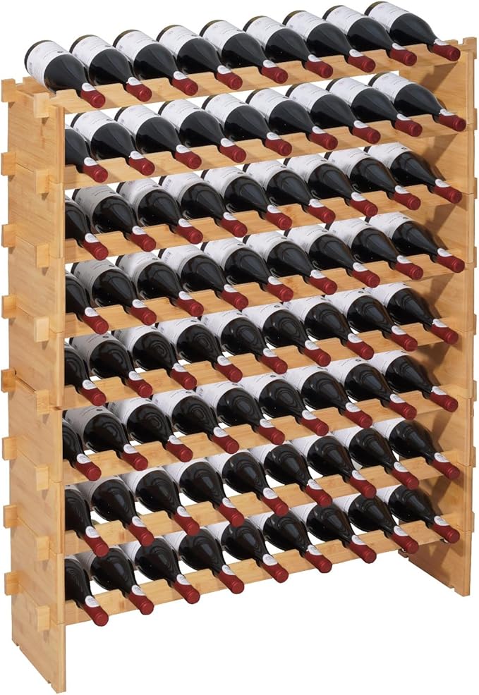 VEVOR 72 Bottle Stackable Modular Wine Rack, 8-Tier, Floor Freestanding Wine Storage Rack, Sturdy Wines Holder Display Shelf, Wobble-Free Shelves, Easy Assembly, for Kitchen, Cellar, and Bar, Natural