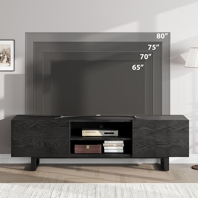 GarveeHome Industrial TV Stand for 80 in, Modern Entertainment Center with 2 Drawers, Wooden Media Cabinet with Heavy Duty Leg and Open Storage, TV Console Table for Living Room, Black