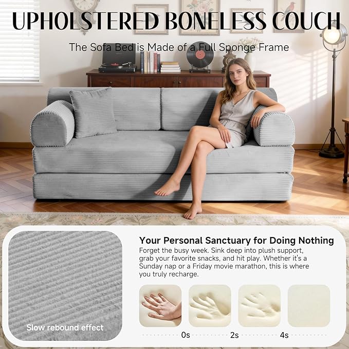 78.8" Convertible Sofa Bed with Detachable Arm Pillow, 6-in-1 Sectional Couches for Living Room, Corduroy Boneless Couch, Sleeper Loveseat Couch Bed, No Assembly, Light Gray Couch