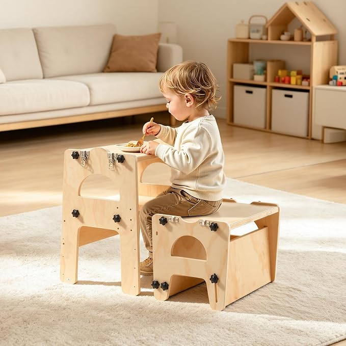 VEVOR 5-in-1 Toddler Kitchen Step Stool, Foldable Learning Standing Tower with Blackboard & Whiteboard, Wooden High Chair with Adjustable Back & Footrest, Kitchen Stool Helper with Detachable Stool