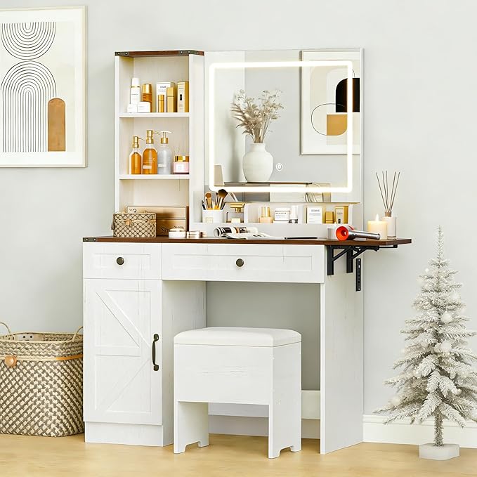 KAMABOKO Vanity Desk with Mirror, LED Lights and Power Outlet, Makeup Vanity Table with Cabinet and 2 Drawers, Dressing Table with Stools for Bedroom (Brown)