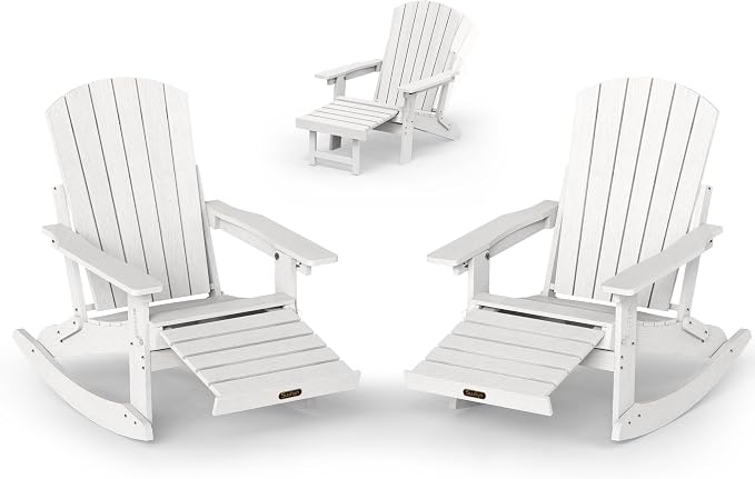 Adjustable Adirondack Rocking Chair Set of 2 with Retractable Ottoman Footrest, 4-in-1 Foldable HDPE Outdoor Rocker, Weather Resistant Adirondack Chair for Porch, Garden & Poolside, White