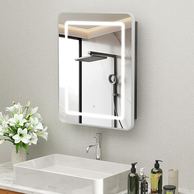 ROOMTEC 16 x 24 Inch Medicine Cabinet Mirror with LED Lights, Silver Bathroom Medicine Cabinet with Mirror and Storage, Recessed or Wall Mount, 3 Color Temperature, Dimmable Light