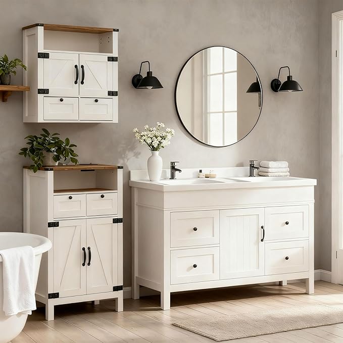 M METERXITY Bathroom Wall Cabinet, Farmhouse Medicine Cabinet with Mirror, Drawer, Barn Doors, Over the Toilet Storage Cabinets Wall Mounted for Bathroom Kitchen Laundry Entrance, Rustic