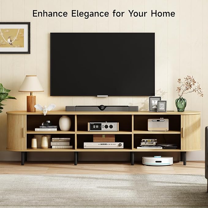 ONBRILL 86.6" TV Stand with Power Outlet for TVs up to 90 Inch, Entertainment Center with Storage and Adjustable Shelves, Modern Media Console with Sliding Doors for Living Room, Oak