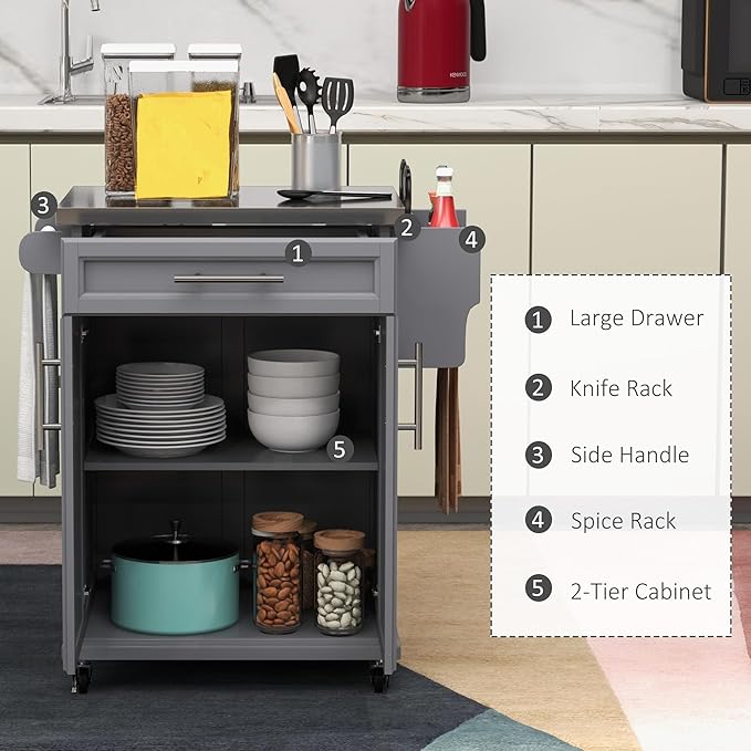 HOMCOM Kitchen Island on Wheels, Rolling Kitchen Cart with Stainless Steel Countertop, Drawer, Towel Rack and Spice Rack, Utility Storage Trolley, Gray