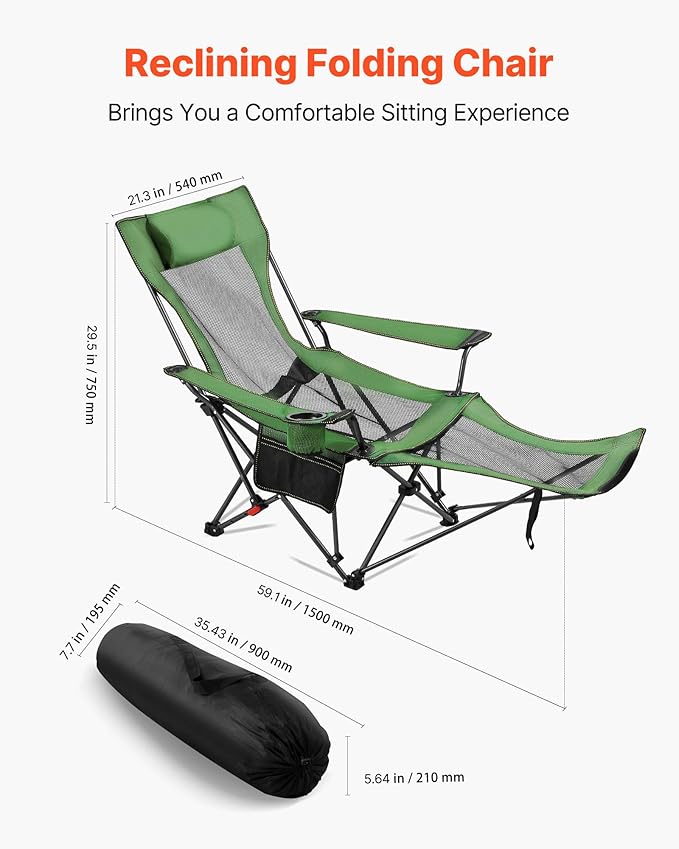 VEVOR 2-in-1 Reclining Camping Chair with Footrest for Adults, 4 Adjustable Positions, Portable Folding Lounger, Lightweight Mesh Beach Chair Supports 220lbs, Heavy Duty Camp Chairs Outdoor, Green