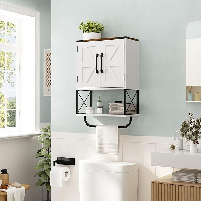 RUSTOWN Farmhouse Rustic Medicine Cabinet with Two Barn Door,Wood Wall Mounted Storage Cabinet w/Dark Brown Top & Adjustable Shelf and Towel Bar, 3-Tier Cabinet for Bathroom(White)