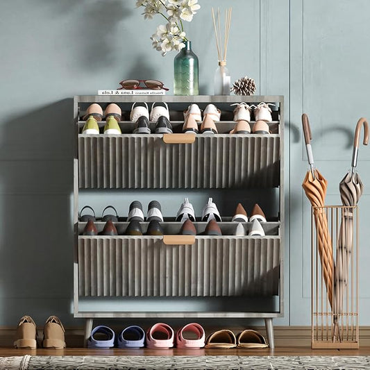 Shoe Cabinet Storage,Modern Freestanding Organizer with 2 Flip Drawers,Narrow Shoe Rack Cabinet for Entryway,Grey