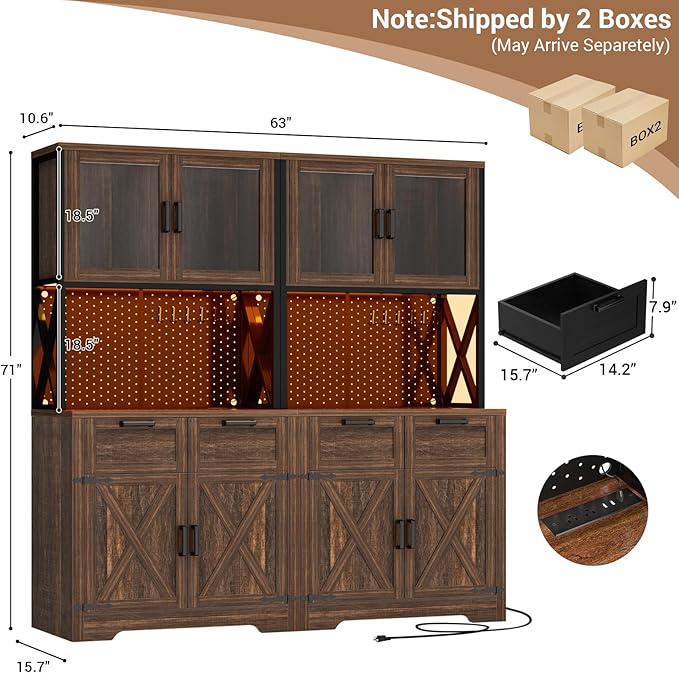 Unikito 71" Tall Kitchen Pantry Storage Cabinet with LED Light & Outlet, 63" Wide Kitchen Hutch Cabinet with Large Countertop, DIY Pegboard and Drawers, Food Pantry for Living Room,Weathered Brown