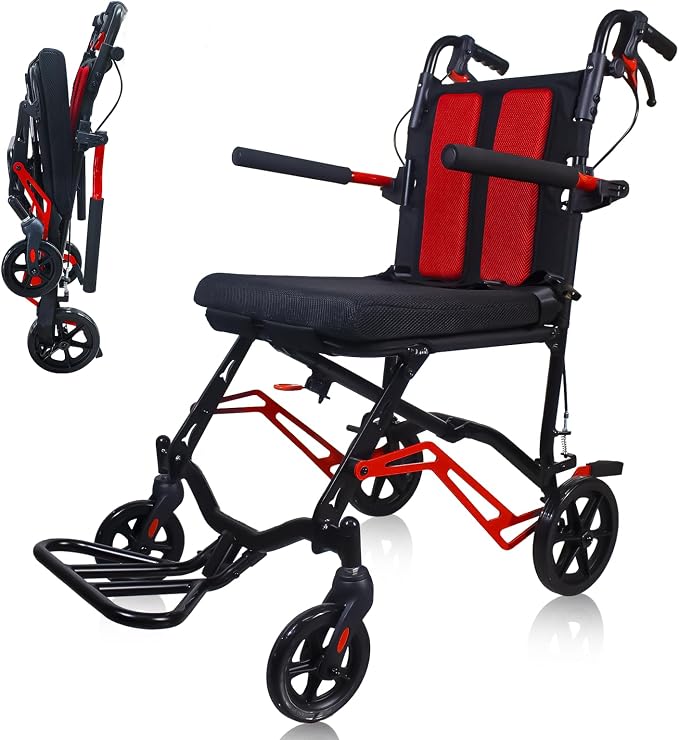 18LBS UIltra Lightweight Wheelchairs with Foldable Footrest and Armrests, Transport Wheelchair Lightweight Foldable with Handbrakes, Travel Transport Chair for Adults Seniors Kid, 1s Quick Folding
